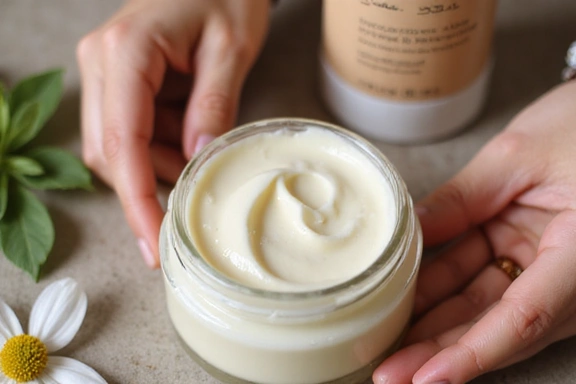 Woman applying moisturizing cream showing natural skincare ingredients