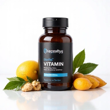 Natural Vitamins for Men's Energy supplement bottle on neutral background